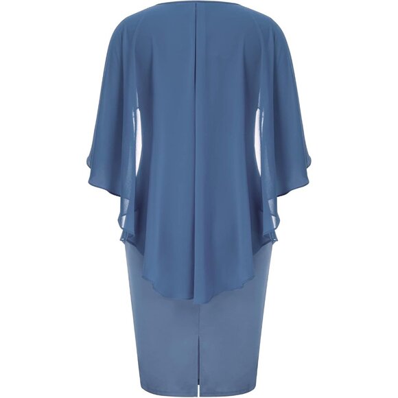 Women's Plus Size Chiffon Ruffle Cape Sleeve Bodycon Dress for Elegance - Picture 2 of 5